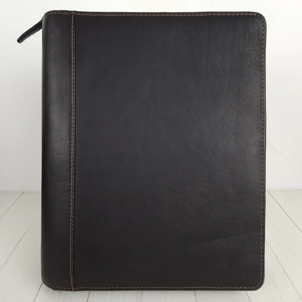 Vtg Franklin Covey 7-Ring Binder Planner Brown Full Grain Leather Zip 90s 10x8
